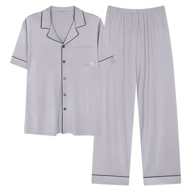 浮光岛屿 简约纯色柔软时尚高级感短袖长裤翻领家居服舒适亲肤透气可外穿睡衣套装 男款 礼盒装 浅灰色
