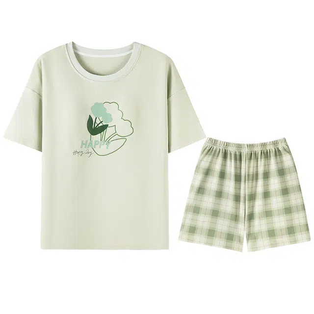 向薇 凉感可外穿舒适圆领短袖格子条纹家居服睡衣套装 女款