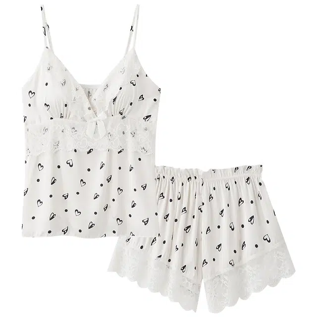 俏佳人 性感蕾丝带胸垫爱心满印凉感透气亲肤家居服睡衣套装 女款