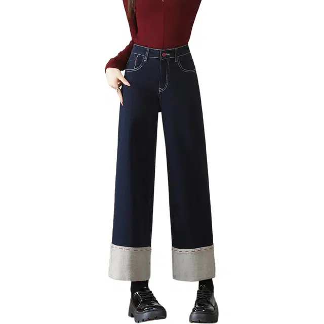 法文箱子 设计感卷边九分纯色宽松高腰牛仔裤 女款