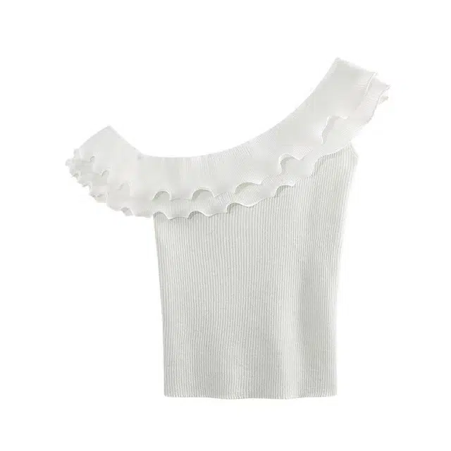 敲模女孩 甜酷风辣妹斜肩设计感荷叶边拼接修身短款无袖针织衫 女款