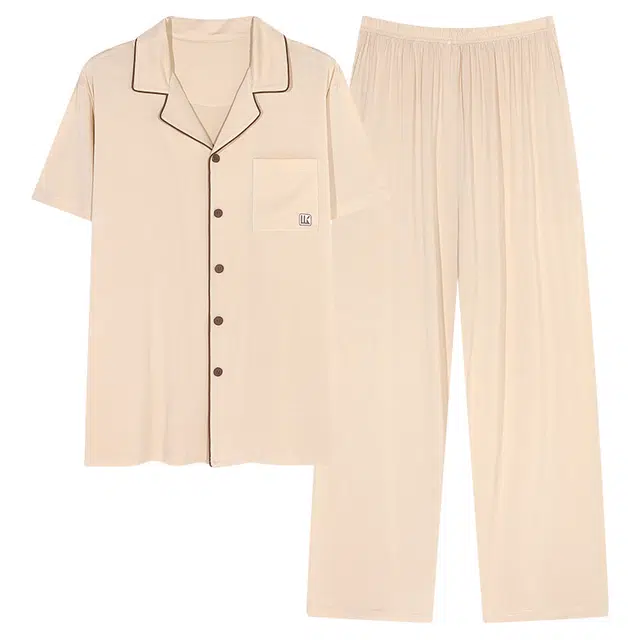 浮光岛屿 简约纯色柔软时尚高级感短袖长裤翻领家居服舒适亲肤透气可外穿睡衣套装 男款 礼盒装 杏色