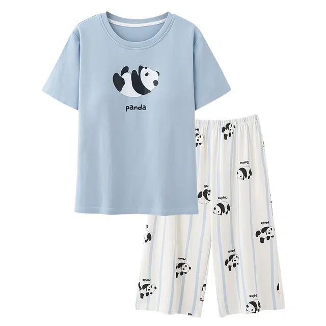 俏韵 随行系列 卡通熊猫短袖条纹带胸垫家居服可外穿睡衣套装 女款