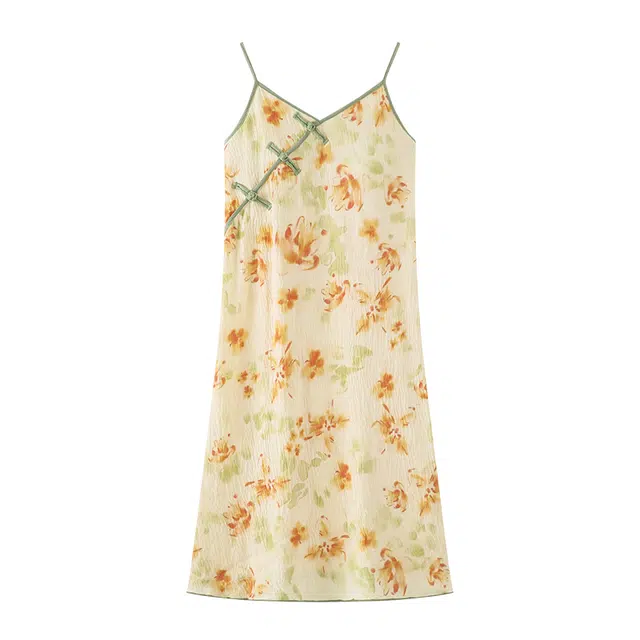 好福份 带胸垫中国风休闲无袖吊带时尚满印家居服睡裙 女款