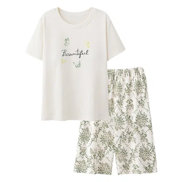 俏韵 文艺风短袖短裤带胸垫家居服可外穿睡衣套装 女款