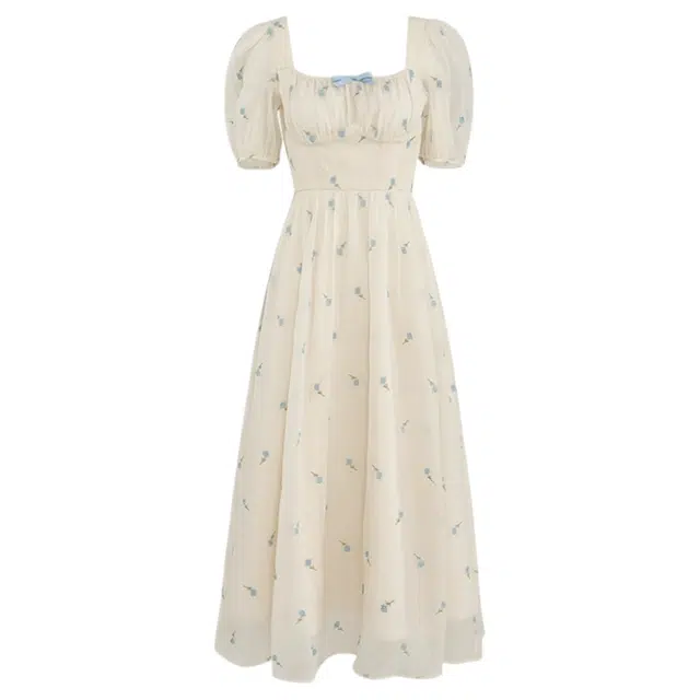 柏黛妃 法式温柔风甜美气质泡泡袖碎花学生收腰长裙短袖连衣裙 女款