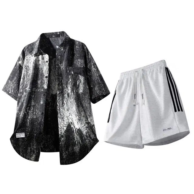 吾皇猫 美式复古不规则泼墨扎染高级感上衣搭配五分裤时尚潮流一整套穿搭休闲运动套装 男女同款