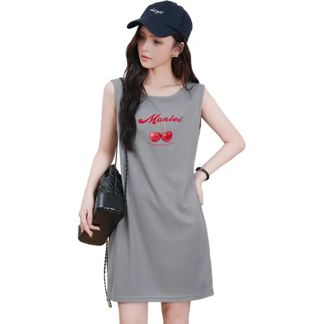 法文箱子 显瘦包臀夏季植物圆领修身无袖连衣裙 女款