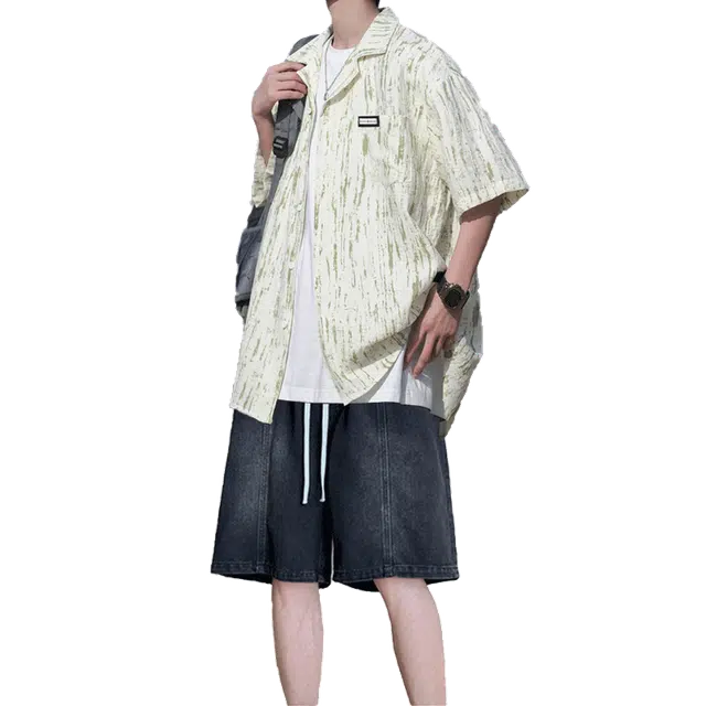 费尔岛上的猫 多风格宽松舒适百搭扎染翻领休闲短袖衬衫 男款