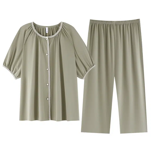 睦隆世家 薄款家居服短袖七分裤可外穿纯色睡衣套装 女款