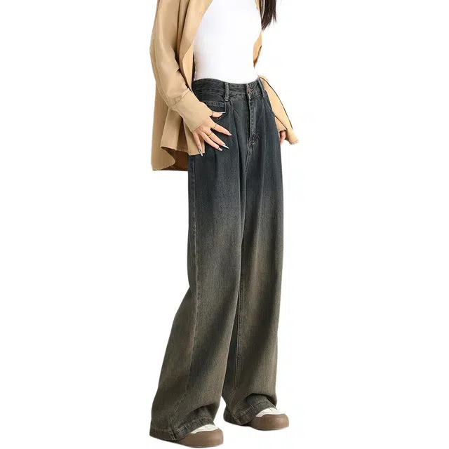 法文箱子 复古阔腿春季渐变宽松高腰长裤牛仔裤 女款