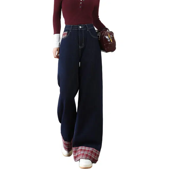 法文箱子 直筒裤春季纯色宽松高腰长裤牛仔裤 女款
