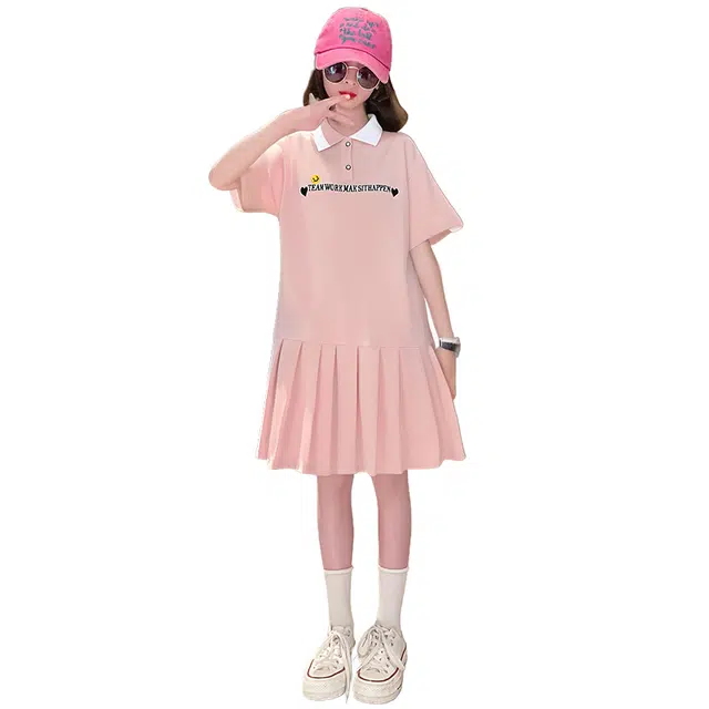 雅鹿连衣裙 时尚舒适简约耐磨透气短袖 粉色 儿童款