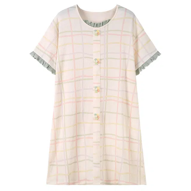 好福份 韩版休闲简约可爱舒适格子条纹短袖睡裙 女款