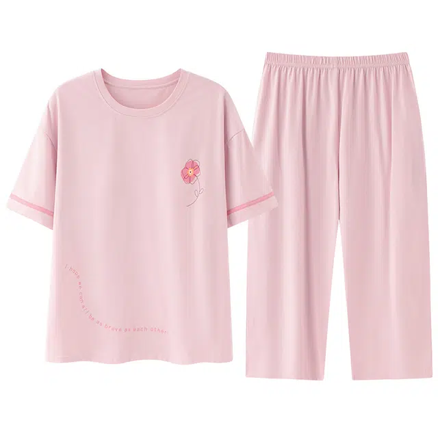 睦隆世家 纯棉短袖七分裤薄款家居服自带胸垫款睡衣套装 女款