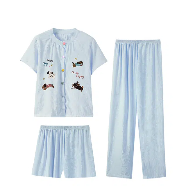 俏韵 圆领三件套清新蓝可爱小狗短袖家居服可外穿睡衣套装 女款