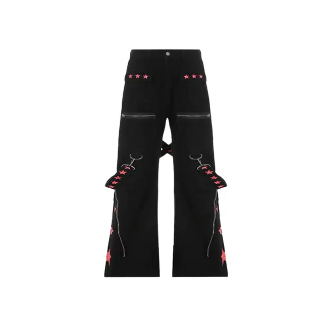 桴生 美式重工撞色金属装饰拼接星星高腰宽松直筒裤牛仔裤 女款