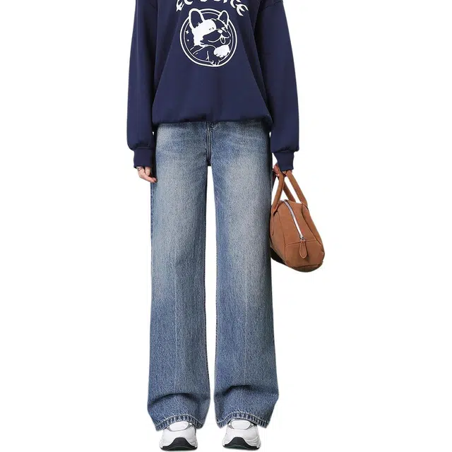 法文箱子 春季显瘦休闲纯色宽松阔腿裤高腰长裤牛仔裤 女款