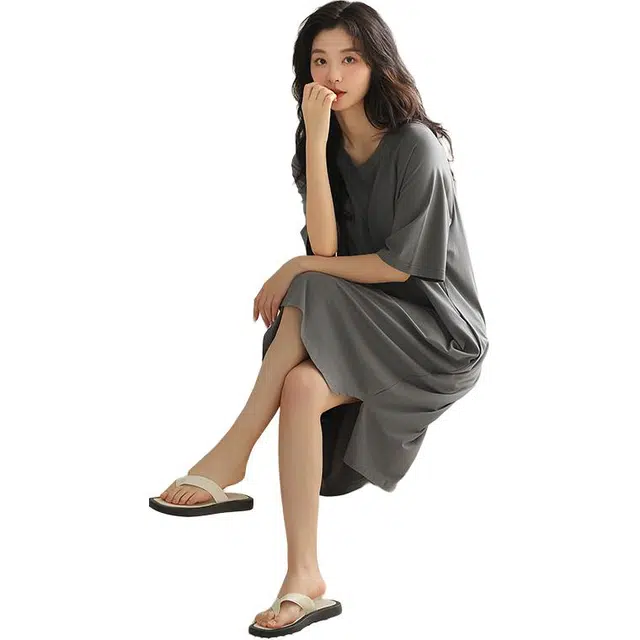 北极绒 大码家居服舒适柔软纯色短袖圆领睡裙 女款