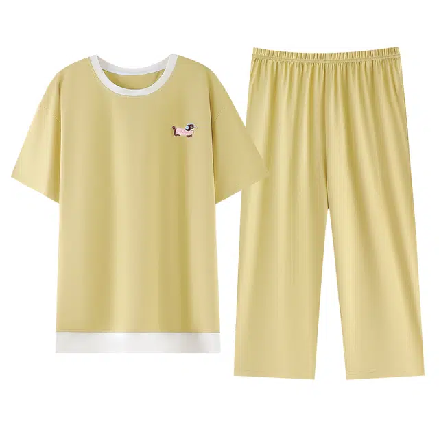 睦隆世家 薄款短袖七分裤家居服可外穿纯色圆领睡衣套装 女款