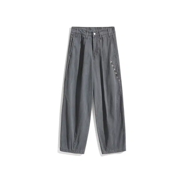 欧路得 灰色高级感男春美式潮牌拼接裤子高街百搭运动阔腿长裤休闲裤 男款