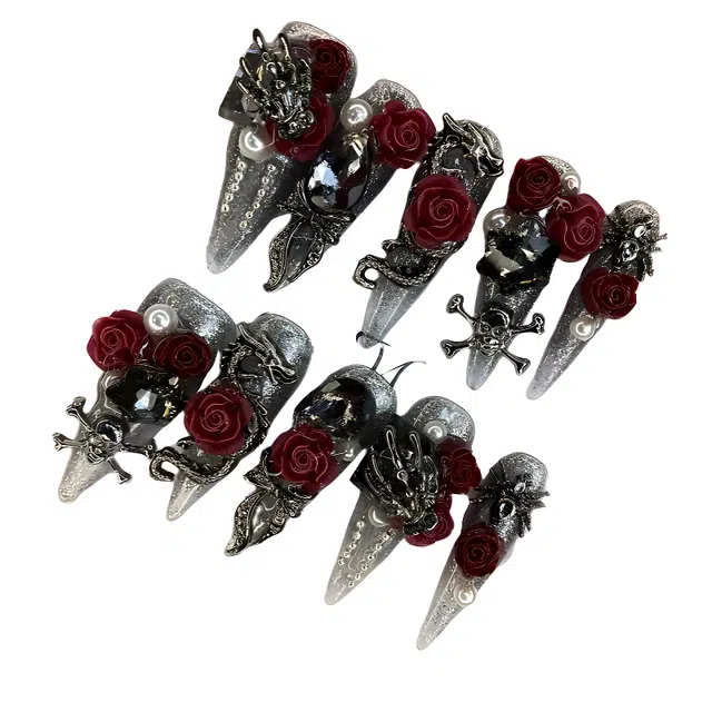 计轩 金属重工哥特辣妹玫瑰暗黑夜光  穿戴甲 长款黑晕染 纯欲