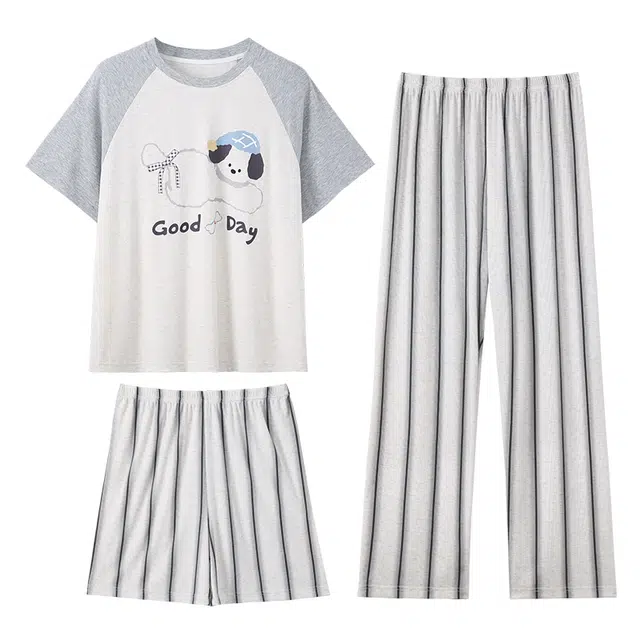 俏韵 圆领条纹卡通小狗甜美短袖三件套舒适家居服可外穿睡衣套装 女款