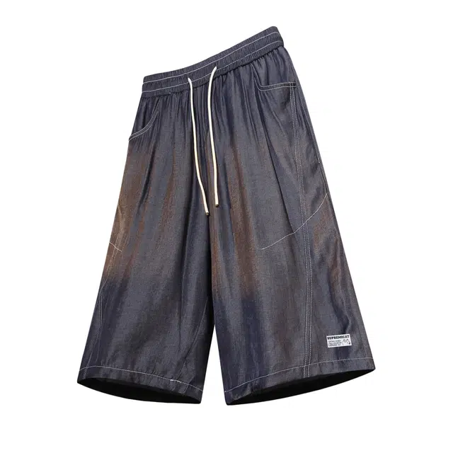 吾皇猫 美式高街复古明线装饰休闲直筒宽松过膝七分牛仔短裤 男女同款