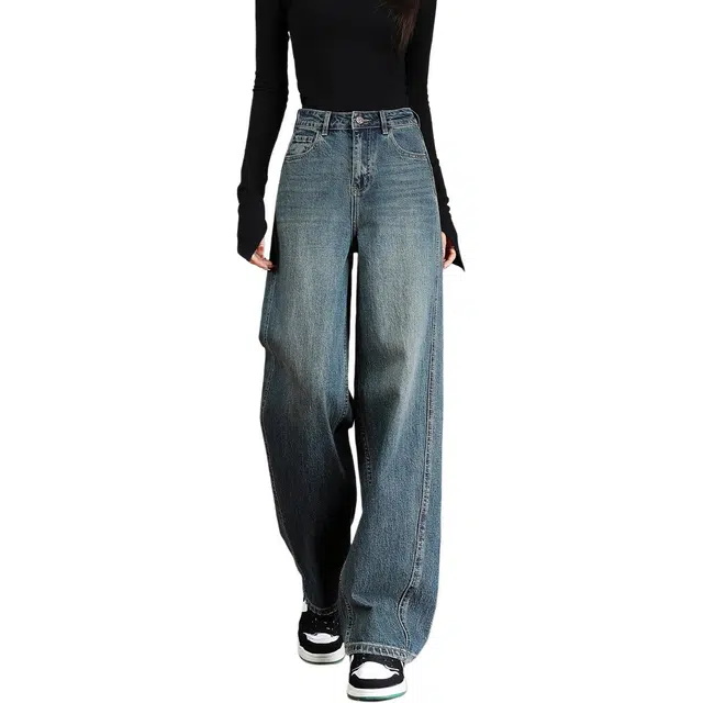 法文箱子 显高复古宽松纯色高腰长裤牛仔裤 女款