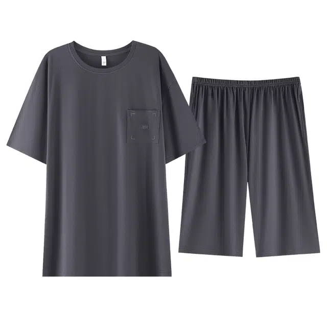 睦隆世家 纯色短袖短裤薄款冰丝凉感大码家居服睡衣套装 男款
