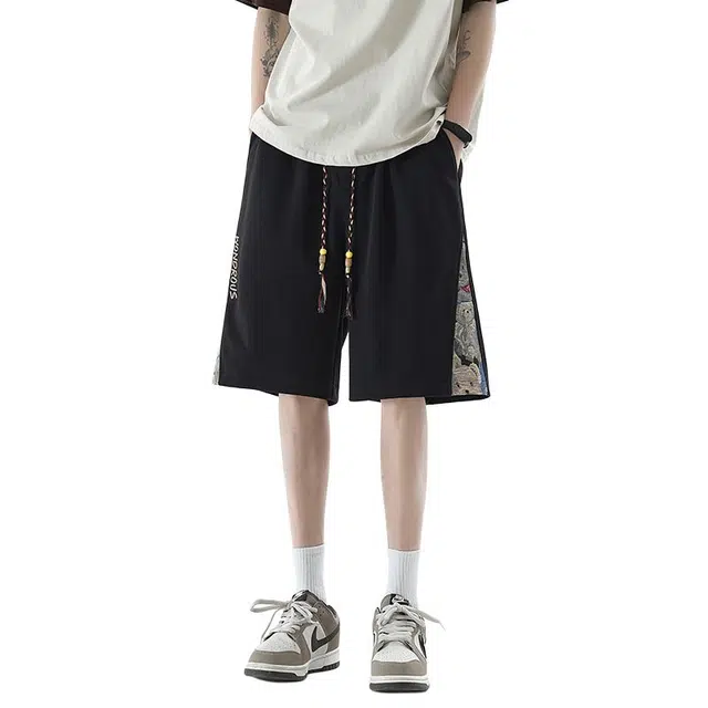 【dme】 新中式小熊绣花五分大码沙滩裤宽松纯色系带直筒运动休闲短裤 男女同款