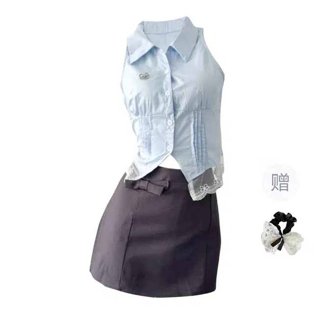 涂诗菲 法式辣妹感绝美下摆蕾丝拼接无袖翻领衬衫高级感修身显瘦包臀裙裙装套装 女款