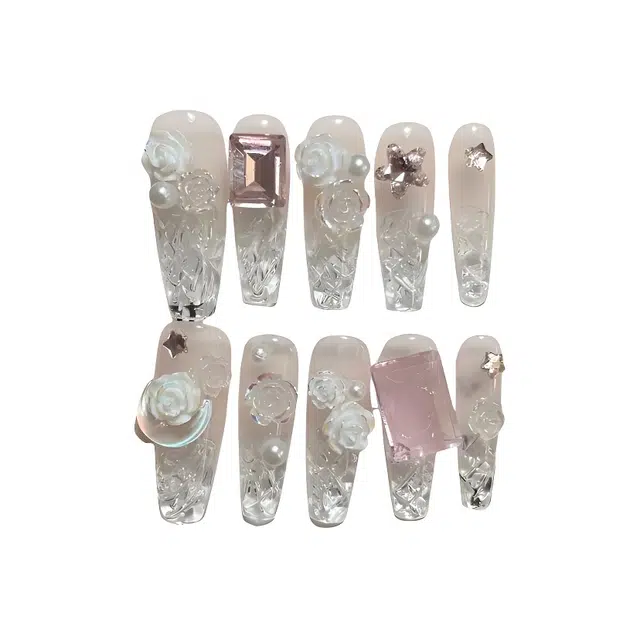 计轩 透明配饰冰裂琉璃方糖  穿戴甲 长款粉色渐变