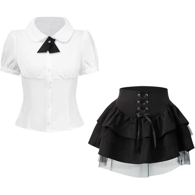 九条喵 泡泡袖收腰娃娃领修身白衬衫蓬蓬裙半裙制服 女款