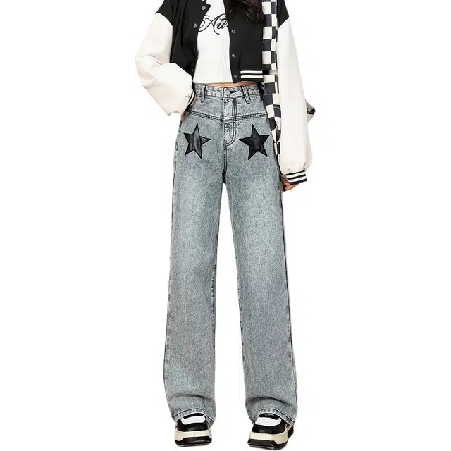 法文箱子 显瘦时尚百搭几何图形直筒街头风商务通勤休闲高腰牛仔裤 女款