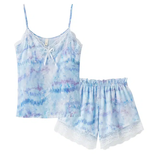 俏佳人 性感带胸垫吊带渐变凉感透气蕾丝亲肤家居服睡衣套装 女款