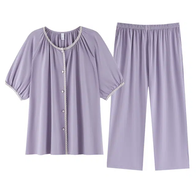 睦隆世家 薄款纯色短袖七分裤家居服可外穿睡衣套装 女款