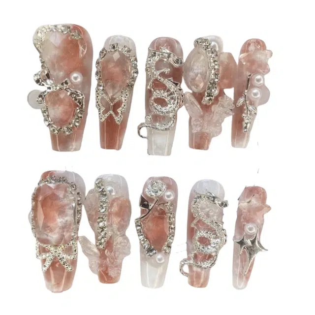 计轩 重工满钻蝴蝶山茶花  穿戴甲 长款粉色渐变 纯欲