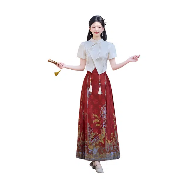 荟萃阁 新中式复古改良立领古典提花短袖一片式国潮印花马面气质裙装套装 女款