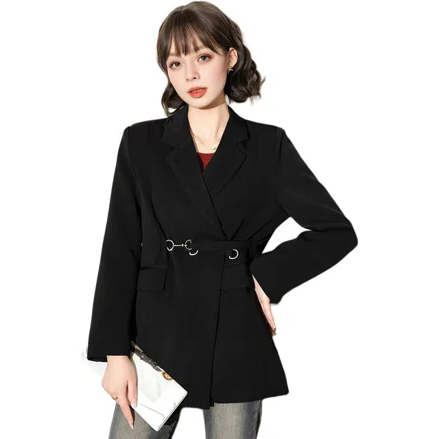 法文箱子 系带束腰显瘦优雅纯色常规长袖开衫西装 女款