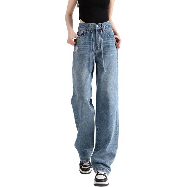 法文箱子 宽松显瘦直筒纯色高腰长裤牛仔裤 女款