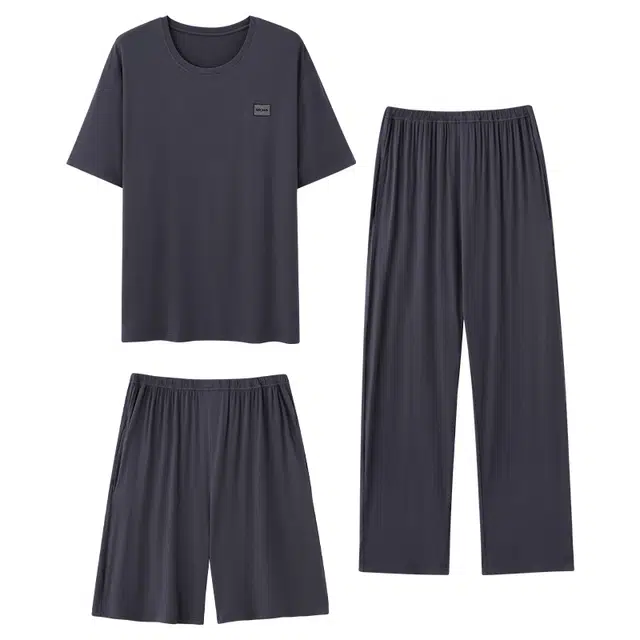 俏韵 莫尔代短袖大码圆领家居服睡衣套装 男款