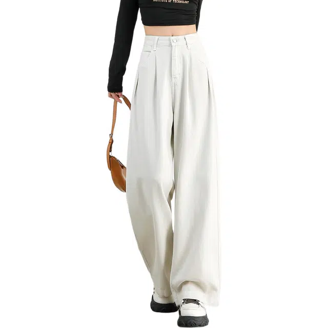 法文箱子 美式复古春季纯色宽松阔腿裤直筒裤高腰长裤牛仔裤 女款