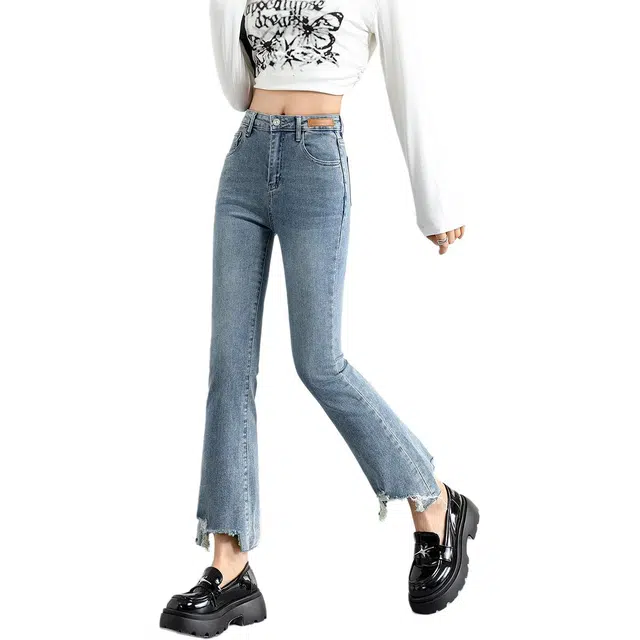 法文箱子 弹力修身显瘦纯色美式复古,酷帅休闲风高腰九分裤牛仔裤 女款