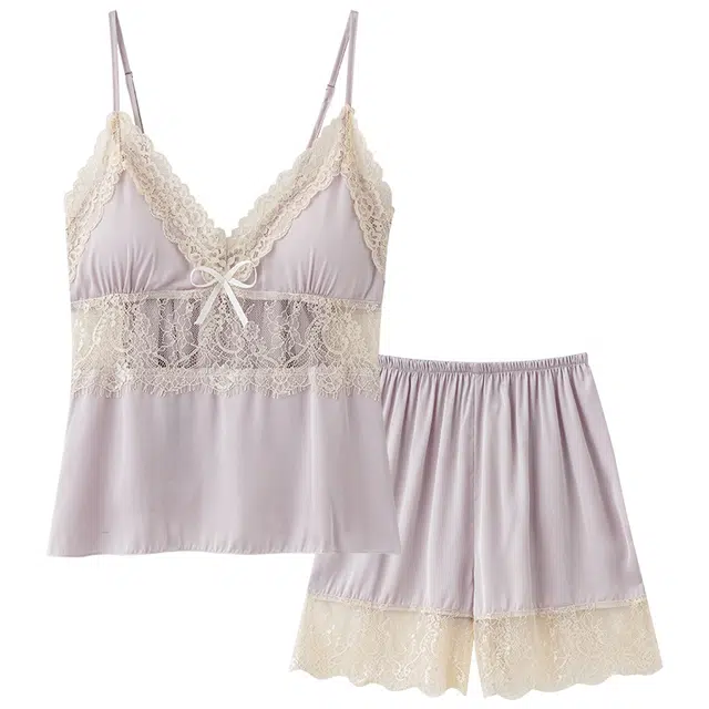 俏佳人 带胸垫性感无袖吊带镂空蕾丝凉感透气亲肤纯色家居服睡衣套装 女款