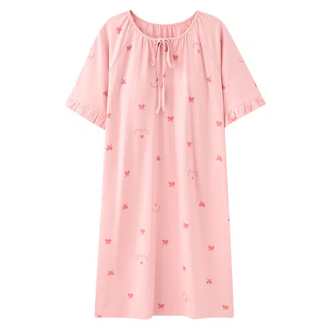 睦隆世家 休闲带胸垫一体可外穿蝴蝶结满印甜美短袖睡裙 女款