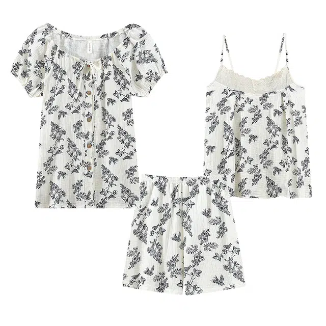 俞兆林 甜美蝴蝶花朵卡通花边圆领柔软纯棉吊带短袖三件套可爱休闲家居服睡衣套装 女款