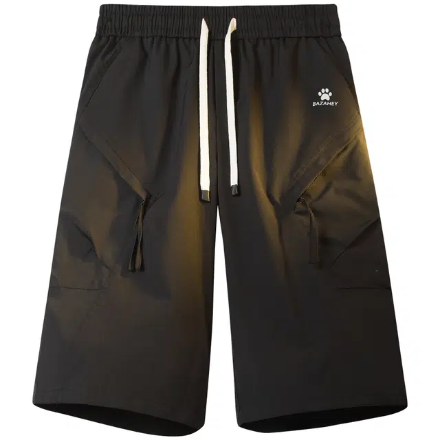 吾皇猫 美式复古高街纯色简约基础款字母印花七分运动裤子直筒宽松休闲潮流潮牌时尚百搭舒适透气大口袋工装短裤 男女同款