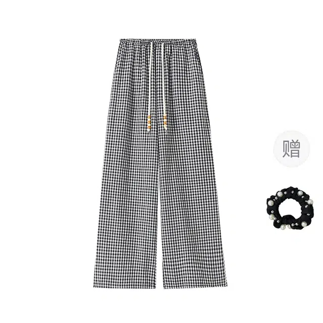 雾闪闪 韩系时尚格子轻薄抽绳宽松遮肉显瘦阔腿休闲裤 女款