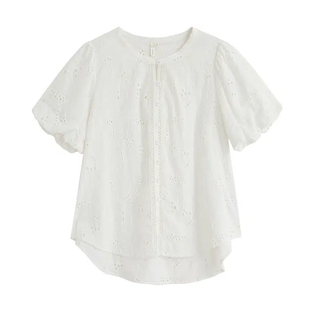 茵曼 重工镂空刺绣甜美清新泡泡袖短袖衬衫 女款